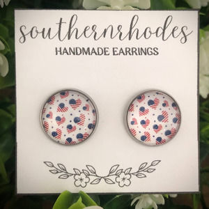 American Flag Heart Printed Stud Earrings | 4th of July | 16mm